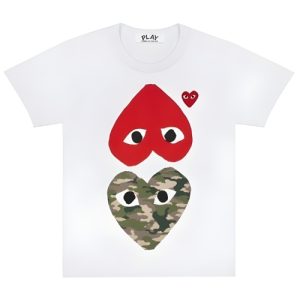 Color: White Material: 100% Premium Cotton Fit: Regular / Unisex Neckline: Crew Neck Sleeves: Short Sleeves Design: Camo-printed mirrored CDG PLAY heart graphics on chest Style: Trendy streetwear / casual / statement tee