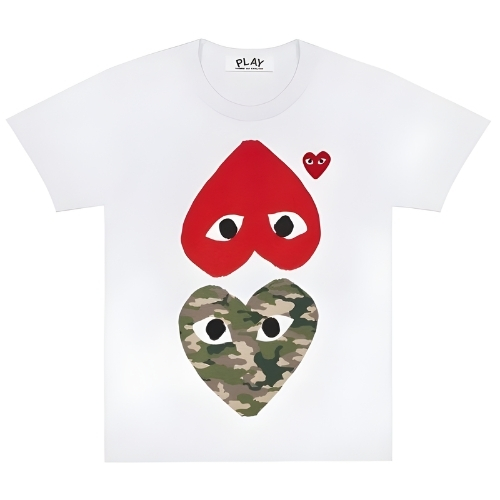 CDG Play Camo Printed Mirror Hearts T-Shirt White Color: White Material: 100% Premium Cotton Fit: Regular / Unisex Neckline: Crew Neck Sleeves: Short Sleeves Design: Camo-printed mirrored CDG PLAY heart graphics on chest Style: Trendy streetwear / casual / statement tee